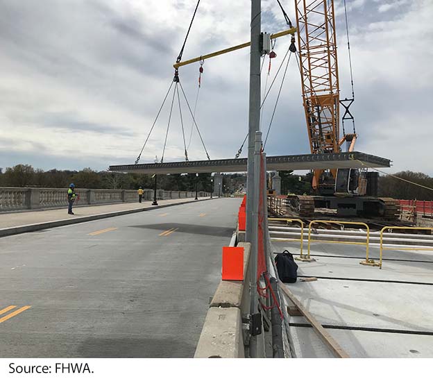 "A crane places a precast concrete bridge deck panel. Image source: FHWA."