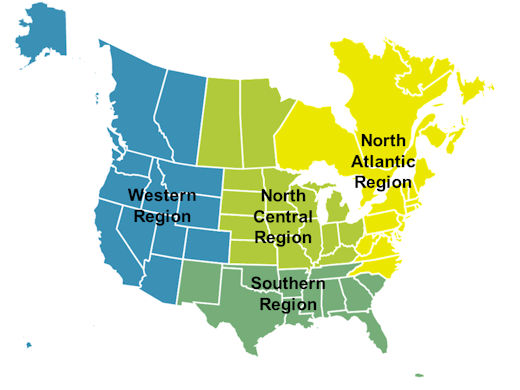 The map shows the four regions for LTPP data collection. The Western region includes Alaska, Hawaii, California, Oregon, Washington, Idaho, Nevada, Arizona, Colorado, Utah, Montana, Wyoming, and the provinces of British Columbia and Alberta. The North Central Region includes North and South Dakota, Kansas, Nebraska, Missouri, Iowa, Minnesota, Illinois, Wisconsin, Kentucky, Ohio, Indiana, Michigan, and the provinces of Saskatchewan and Manitoba. The North Atlantic Region includes North Carolina, Virginia, Maryland, West Virginia, Delaware, Pennsylvania, New Jersey, Rhode Island, Connecticut, New York, Massachusetts, Vermont, Maine, New Hampshire, and the provinces of Ontario and Quebec. The Southern region includes New Mexico, Texas, Oklahoma, Arkansas, Louisiana, Tennessee, Mississippi, Alabama, Georgia, Florida, South Carolina, and Puerto Rico.