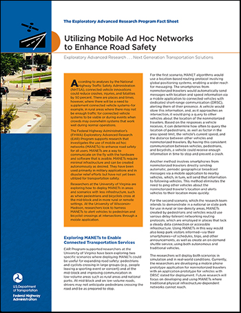 First page of the fact sheet, "Utilizing Mobile Ad Hoc Networks to Enhance Road Safety."