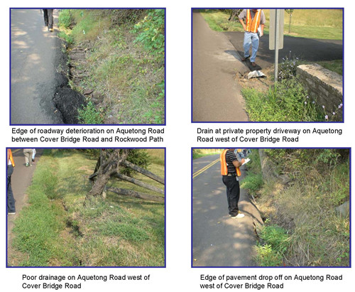 Top Left: Edge of roadway deterioration on Aquetong Road between Cover Bridge Road and Rockwood Path; Top Right: Drain at private property driveway on Aquetong Road west of Cover Bridge Road; Botton Left: Poor drainage on Aquetong Road west of Cover Bridge Road; Bottom Right: Edge of pavement drop off on Aquetong Road west of Cover Bridge Road