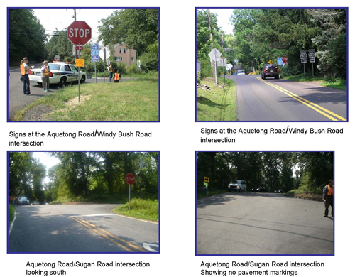 Top Left: Signs at the Aquetong Road/Windy Bush Road intersection; Top Right: Signs at the Aquetong Road/Windy Bush Road intersection; Botton Left: Aquetong Road/Sugan Road intersection looking south; Bottom Right: Aquetong Road/Sugan Road intersection Showing no pavement markings