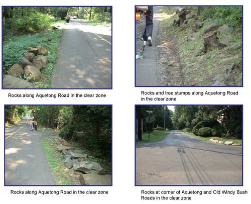 Top Left: Rocks along Aquetong Road in the clear zone; Top Right: Rocks and tree stumps along Aquetong Road in the clear zone; Botton Left: Rocks along Aquetong Road in the clear zone; Bottom Right: Rocks at corner of Aquetong and Old Windy Bush Roads in the clear zone