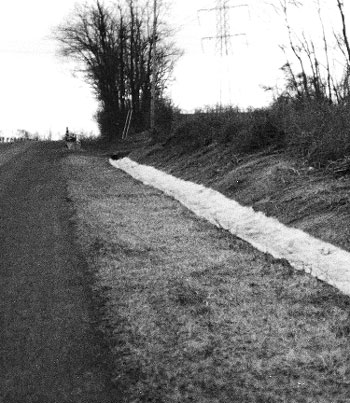 "This photo shows a drainage ditch lined with a fiber mat."