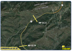 "Map of the one-mile section of Greenville US 25 treated with HFST. Copyright Google Maps."