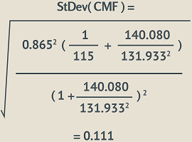 "alt="standard deviation of the CMF equals the square root of [0.865 squared times (1 divided by 115) times (140.080 divided by 131.933 squared)] divided by [1 plus (140.080 divided by 131.933 squared)] squared which equals 0.111.""