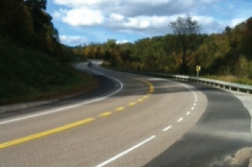 "Photograph of an HFST-treated horizontal curve of WV 14 in Wirt County"