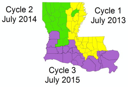 alt="Louisiana county map colored to show the three two-year data collection cycles: Cycle 1, July 2013, yellow, northeast section; Cycle 2, July 2014, green, northwest section; and Cycle 3, July 2015, violet, southern section"