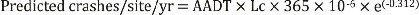 "Equation 3. Predicted crashes per site per year equals AADT times L subscript C times 365 times 10 raised to the power of -6 times e raised to the power of open parenthesis -0.312 closed parenthesis."
