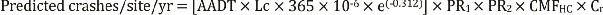 "Equation 5. Predicted crashes per site per year equals open bracket AADT times L subscript C times 365 times 10 raised to the power of -6 times e raised to the power of open parenthesis -0.312 closed parenthesis closed bracke ttimes PR subscript 1 times PR subscript 2 times CMF subscript HC times C subscript r."