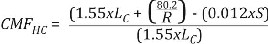 "Equation 6. CMF subscript HC equals 1.55 times L subscript C plus 80.2 divided by R minus 0.012 times S all divided by 1.55 times L subscript C."
