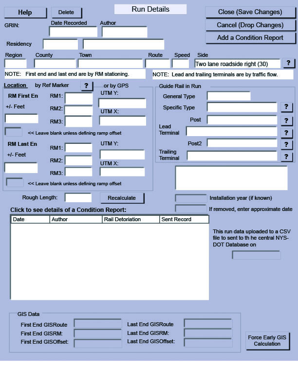 This image shows the New York State DOT guardrail inventory system repot. This is an electron form.