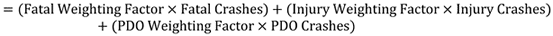 "Equation showing how to calculate the equivalent property damage only value. Equivalent Property Damage Only is calculated as a function of the number of fatal crashes and Fatal Crash Weighting Factor, the number of injury crashes and the Injury Crash Weighting Factor, and the number of property damage-only crashes and the Property Damage Only Crash Weighting Factor."