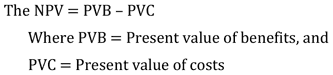 "Equation showing how to calculate the net present value of a treatment. Net present value is the difference between the present value of benefits and the present value of costs."