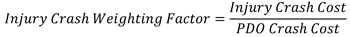 Equation showing how to calculate the Injury Crash Weighting Factor. The Injury Crash Weighting Factor is equal to the cost of injury crashes divided by the cost of property damage-only crashes.