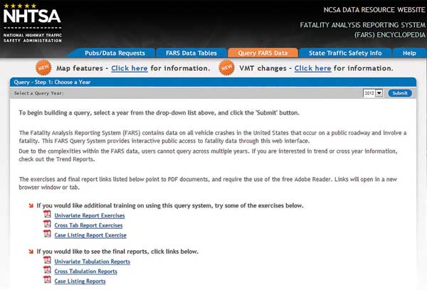 Figure 3 is a screenshot of the National Highway Traffic Safety Administration Fatal Analysis Recording System web site. This page from the web site shows how to develop a query of the database. This would be useful in compiling data, the first step of the safety process.