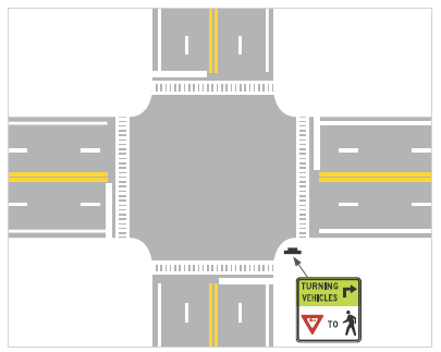 Figure 27. An image of a four-leg intersection that shows the recommended placement of the MUTCD R10-15 sign adjacent to the curb radius for right-turning vehicles.