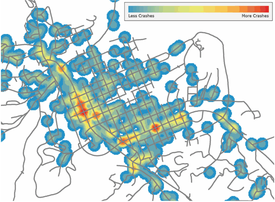 ""Figure 5.10 is a crash density map. A crash density map shows the number of crashes per unit area for a particular period of time in a particular community. This example shows a higher density of crashes in the centralized corridors of the region.