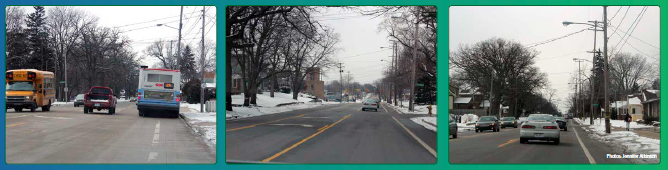 Three photos of various sections of the Burton Street corridor after road diet implementation. Photos: Jennifer Atkinson