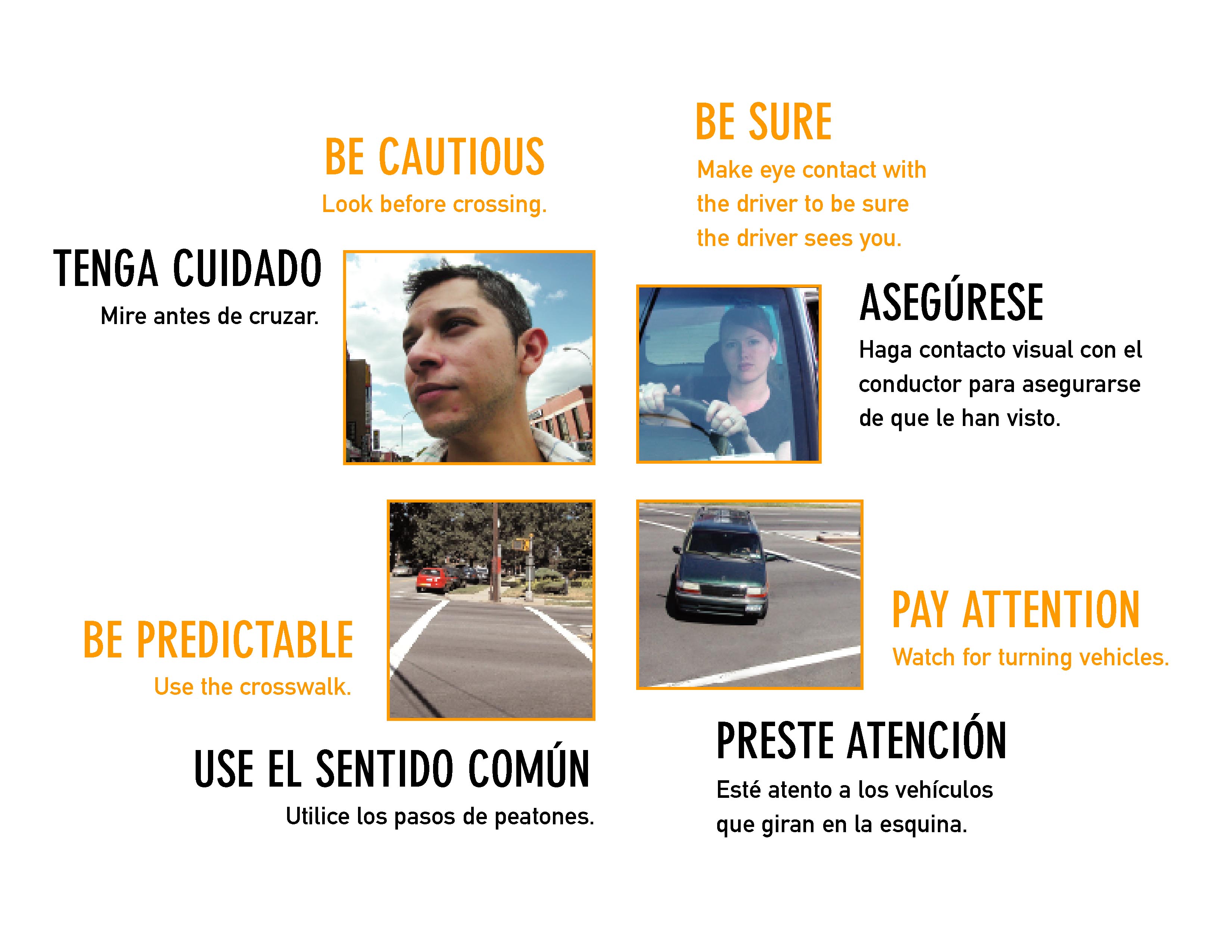 Capa interior (Inside cover): Tenga cuidado. Mire antes de cruzar. (Be cautious. Look before crossing.) Use el sentido común. Utilice los pasos de peatones. (Be predictable. Use the crosswalk.) Asegúrese. Haga contacto visual con el conductor para asegurarse de que le han visto. (Be sure. Make eye contact with the driver to be sure the driver sees you.)  Preste atención. Esté atento a los vehículos que giran en la esquina. (Pay attention. Watch for turning vehicles.)