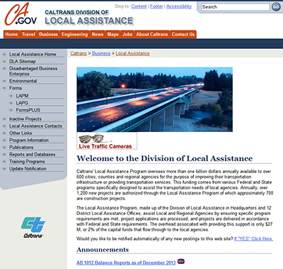 "Screenshot from the Division of Local Assistance section of the Caltrans website"