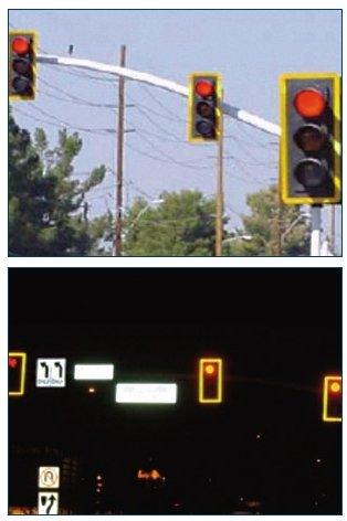 "Photograph of a set of three retroreflective traffic lights across a pole during daylight and another photograph of a different set of three in darkness"