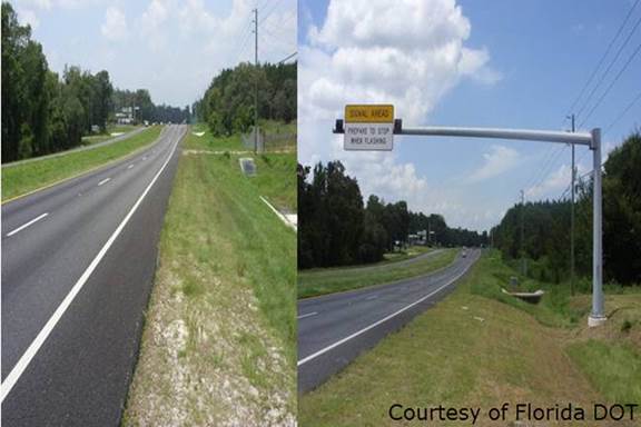 "two photographs of a road before and after installation of overhead signage"