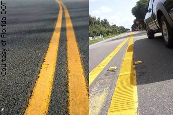 "two photographs of a pedestrian crosswalk, before and after improvements: the before photo on the left shows two parallel white lines painted across the road; the after photo on the right shows thick, evenly-spaced white lines perpendicular to, and between, the two white lines crossing the road"