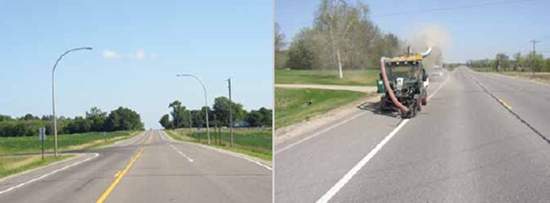 Two photographs: (1) a single lane road that widens to two lanes at a left intersection and (2) a roadway marking vehicle painting a solid white line to delineate the travel lane and breakdown area