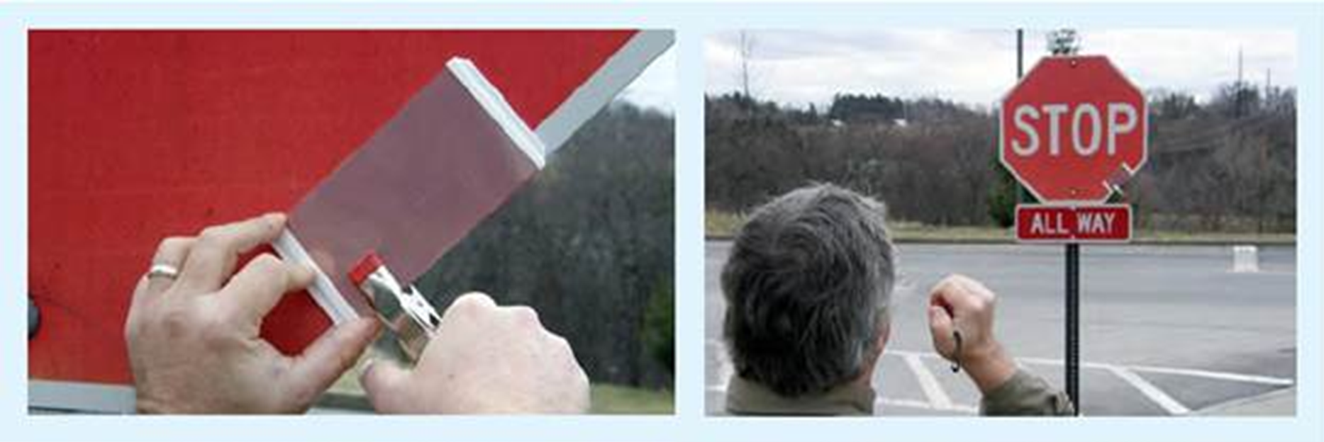 "Two photographs: 1) Two hands attaching an inspection panel to a sign, and 2) A man, approximately ten yards away, looking at the sign/inspection panel"