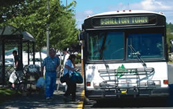 Two passengers carrying packages board a bus at a designated bus stop. A bench and a bus shelter can be seen in the background.