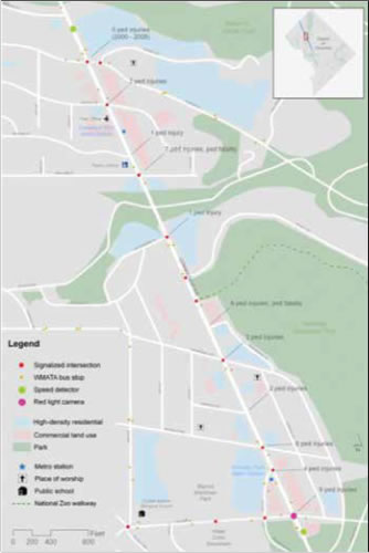 Map: Caption: Figure 1. Map of Pedestrian Crashes and Other Key 