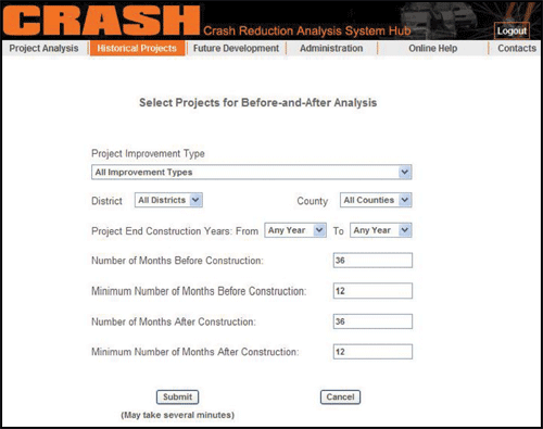 "Screen shot of the CRASH web application, with the Historical Projects menu tab selected, which allows the user to Search Projects for Before-and-After Analysis using eight search parameters"