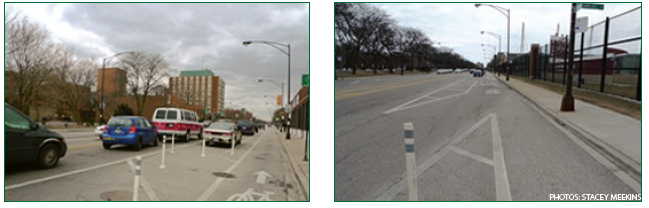 "On 55th Street in Chicago, the Road Diet design included parking-protected bike lanes and a shared lane at intersections for transit and bicycles. Photos by Stacey Meekins."