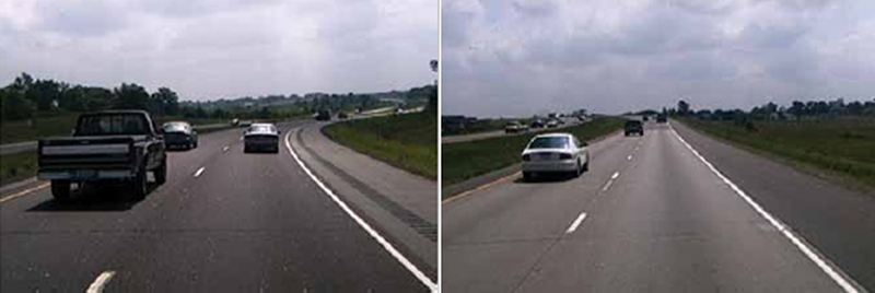 "Two photographs of two-laned highways: the highway on the left is curved and the highway on the right is straight"