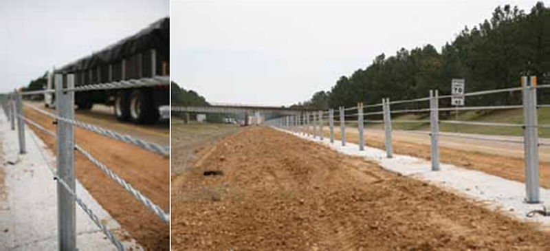 "Two photographs of cable median barriers along the road's edge"