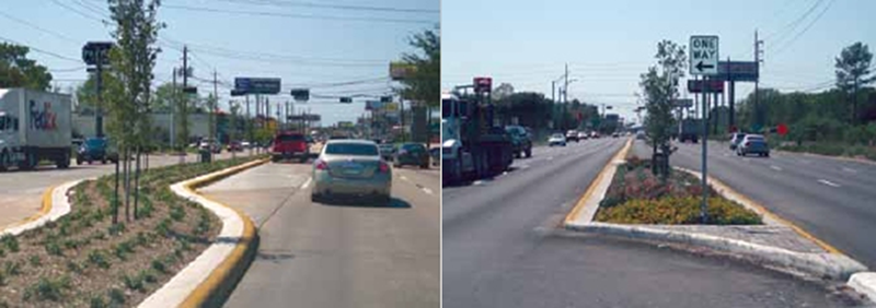 "Two photographs: (1) a street with the following features: raised curb median, a channelized left-turn bay, and striping; and (2) a street with the following features: raised curb median and a channelized left-turn bay"