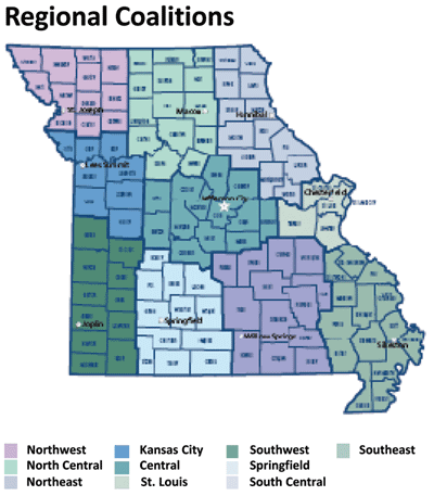 "Color-coded map of Missouri's ten Regional Coalitions, showing each coalition's counties"