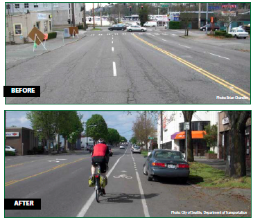 Before and after photos depicting the original four-lane configuration of stone way and the after configuration, which features a two through lanes (one in each direction), a two-way left turn lane, a dedicated bike lane, and onstreet parking.