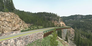 A digital image of a bridge alongside a mountain.