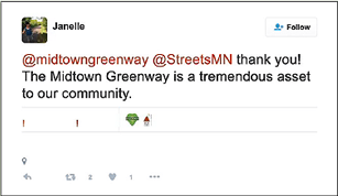 Screen capture. Twitter user @Janellie23 tweet: “@midtowngreenway @StreetsMN thank you! The Midtown Greenway is a tremendous asset to our community.”