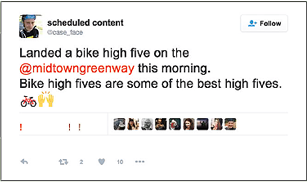 Screen capture. Twitter user @case_face tweeted: “Landed a bike high five on the @midtowngreenway this morning. Bike high fives are some of the best high fives.”