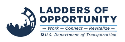 Logo. The Logo for the Ladders of Opportunity program includes an icon of people on a curved ladder and the words “Work, Connect, Revitalize” above a small logo for the U.S. Department of Transportation.