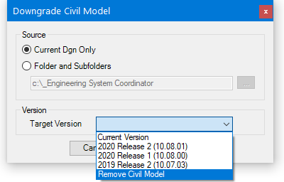 Downgrade Civil Model dialog with Remove Civil Model chosen