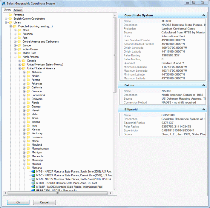 Screenshot of available coordinate systems