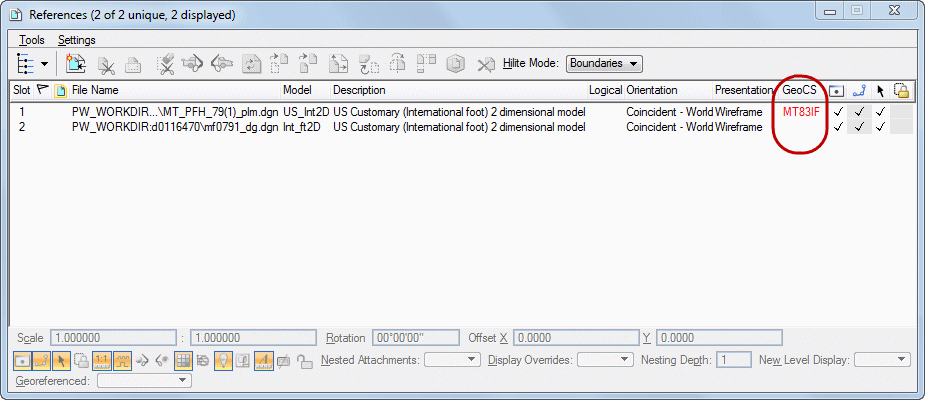 Screenshot of References dialog with coordinate system circled