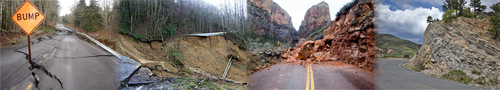 Unstable slope images of transportation corridor damage that includes rockfall and landslides.