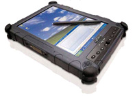 TxDOT staff who collect data in the field can use the rugged Tablet PC (personal computer), shown here, even in bright direct sunlight. The computer's internal mounting hardware and rubberized corners make it impact resistant.