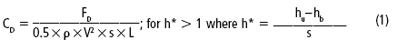 C subscript D equals F subscript D over 0.5 times p times V superscript 2 times s times L for h asterisk less than 1 where h asterisk equals h subscript u minus h subscript d