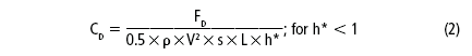 C subscript D equals F subscript D over 0.5 times p times V superscript 2 times s times L times h asterisk superscript F for h asterisk less than 1