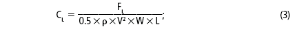 C subscript equals F subscript L over 0.5 times p times V superscript 2 times W times L superscript F